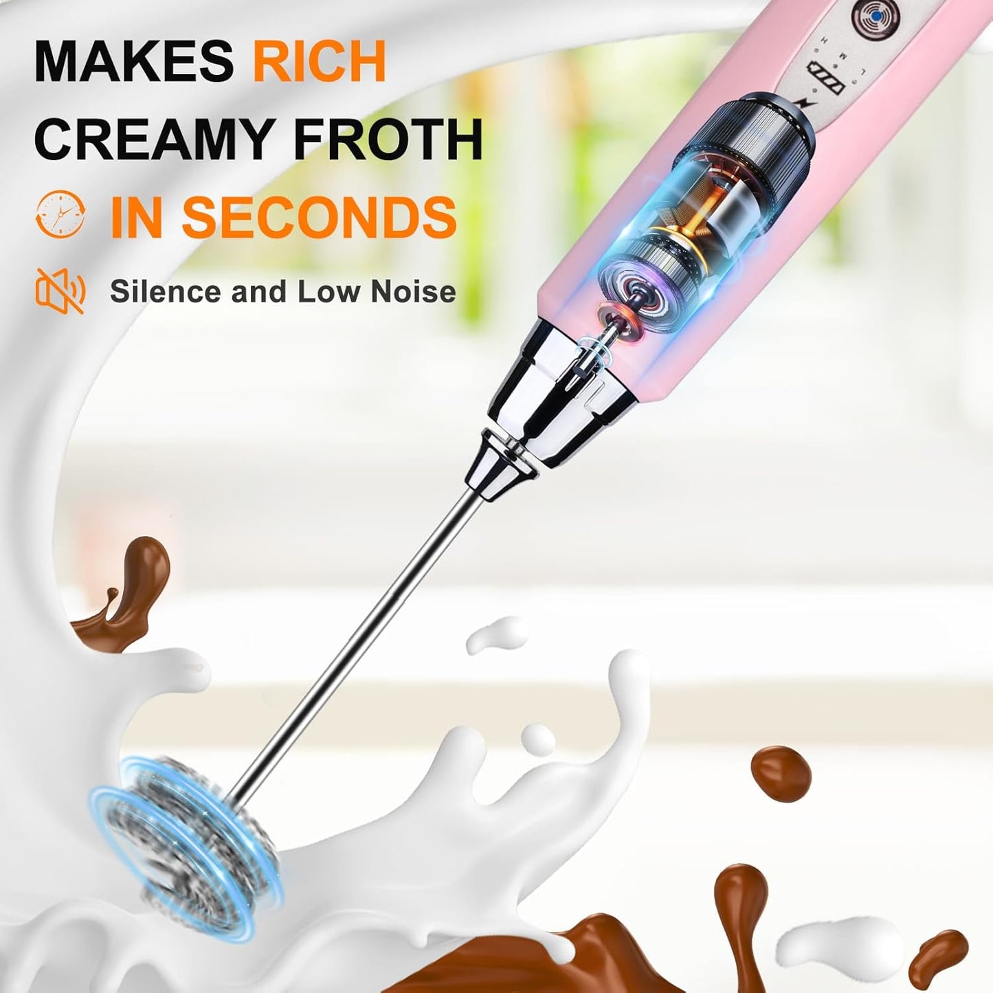 YUSWKO Pink Milk Frother Handheld with 3 Heads, Coffee Whisk Drink Foam Mixer with USB Rechargeable 3 Speeds, Electric Hand Frother for Latte, Cappuccino, Hot Chocolate, Egg