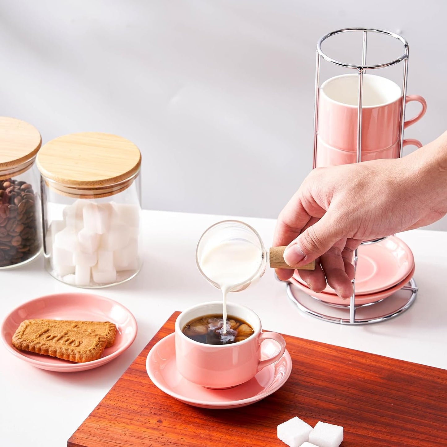 2.5 Ounce Porcelain Espresso Cups with Saucers and Silver Stand, Pink Stackable Cups Set of 4