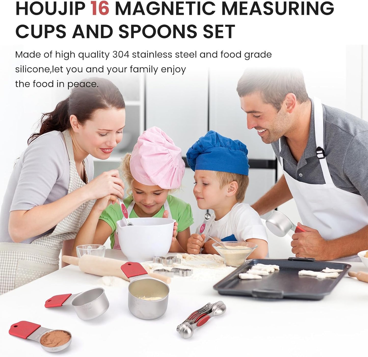 Magnetic Measuring Cups and Spoons Set-Heavy Duty 304 Stainless Steel,Double Measurement Markings,Set of 16 with Leveler for Measure Dry and Liquid Ingredients (Red)