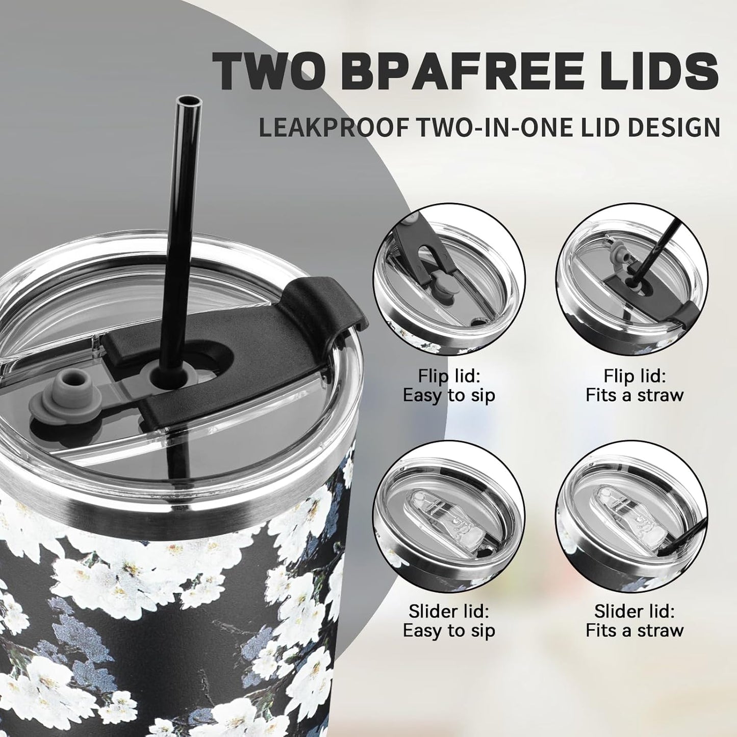 40 oz Tumbler with Lids and Straws, Stainless Steel Insulated Coffee Tumbler, Double Wall Vacuum Insulated Travel Mug Cup, Leakproof Thermal Coffee Cup for Hot and Cold Drinks (White Flower)