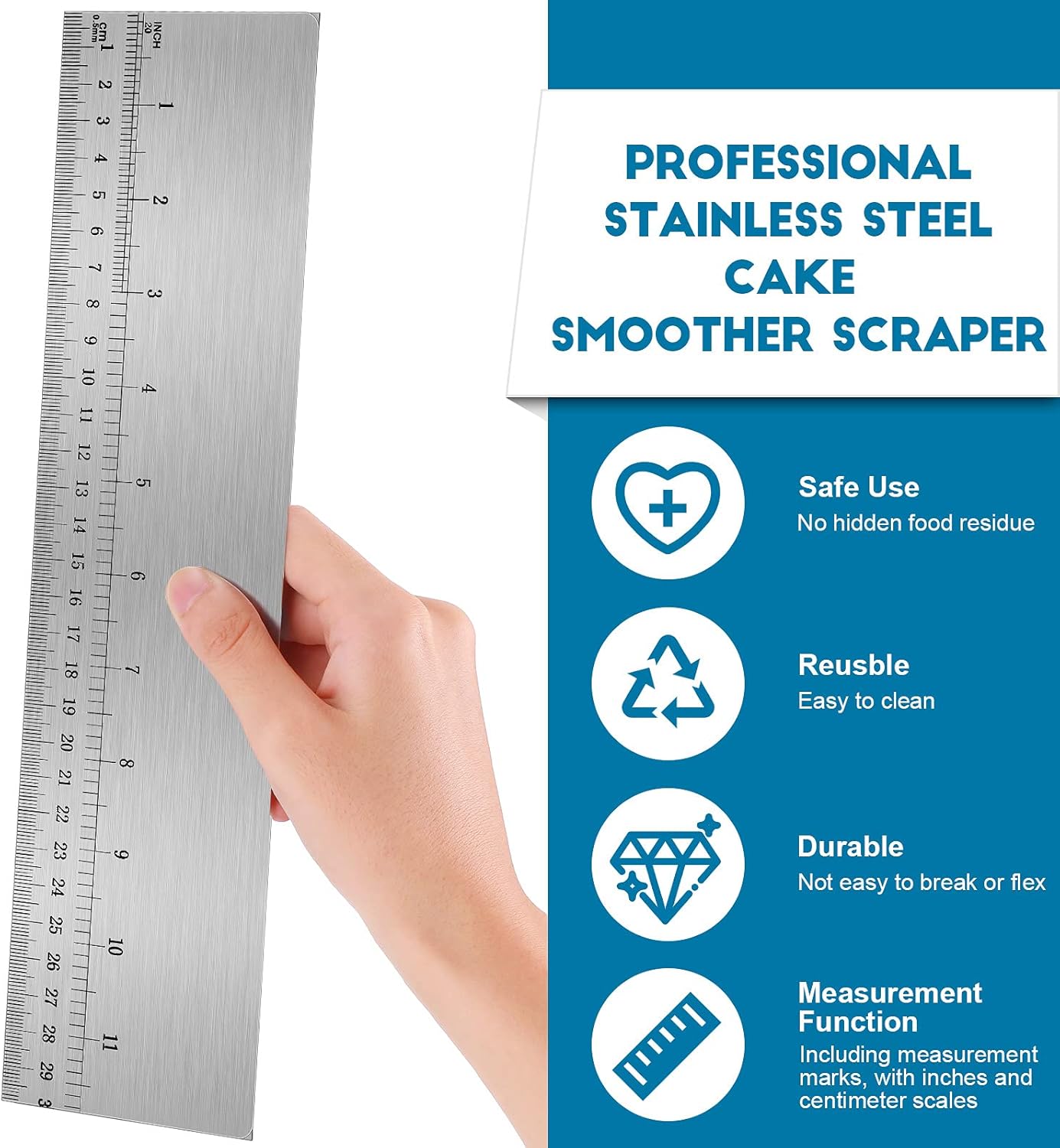 Nuenen 12 Inches Stainless Steel Cake Scraper with Scale Cake Edge Smoother Decorating Comb Baking Scraper Tool for Baking Measuring Buttercream Home Kitchen Accessory