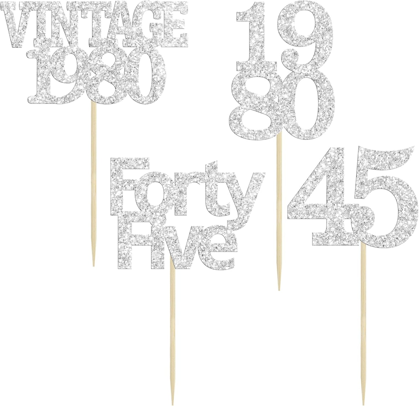 Gyufise 24Pcs 45th Birthday Cupcake Toppers Glitter Cheers to 45 Fabulous Forty Five Vintage 1980 Cupcake Picks 45th Birthday Wedding Anniversary Party Cake Decorations Supplies Silver