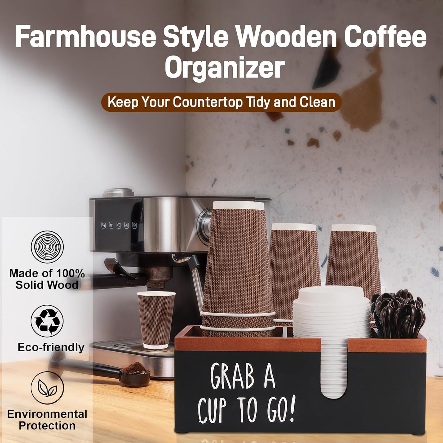 100% Wooden Coffee Cups Holder with U-Shape Cutout Design for Countertop-Coffee Bar Organizer for Cups, Lids, Pods, Stirrers, and Accessories, Great Gift for Home or Office