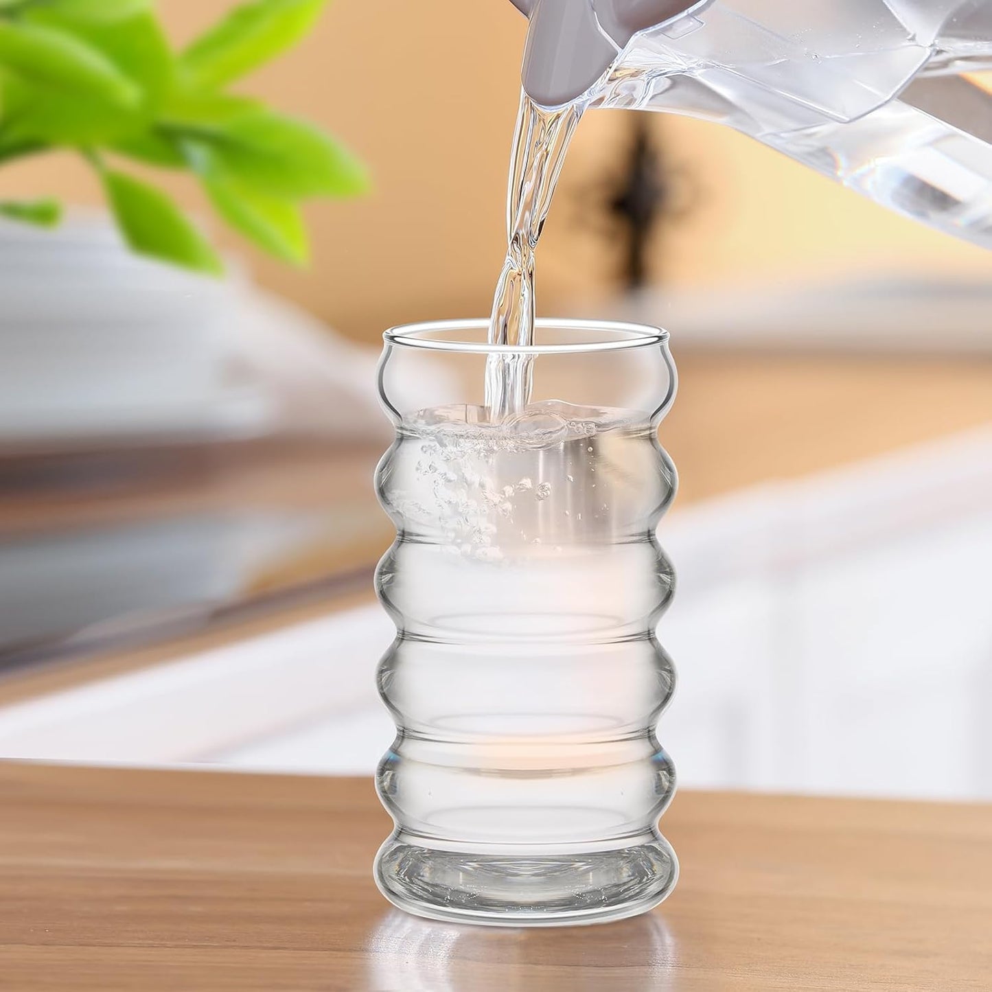 Tessco for you 4 Pcs Creative Glass Cups Vintage Drinking Glasses Ribbed Glassware Aesthetic Cup Entertainment Dinnerware Glassware with Straws Set for Kitchen Coffee Beverage(13.5 Oz, 16 oz,Clear)