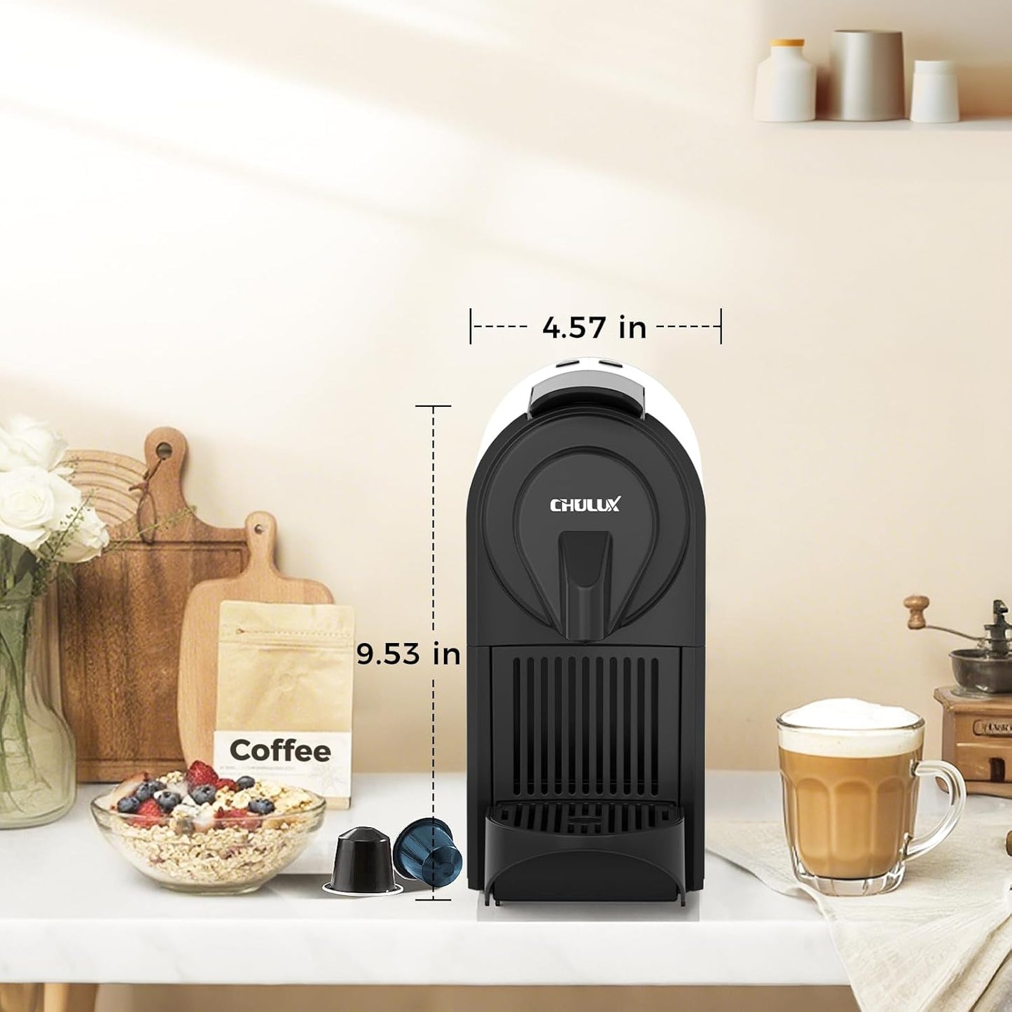 CHULUX Mini Espresso Machine for Nespresso Pod, 20 Bar Single Serve Coffee Maker, 1400W, White