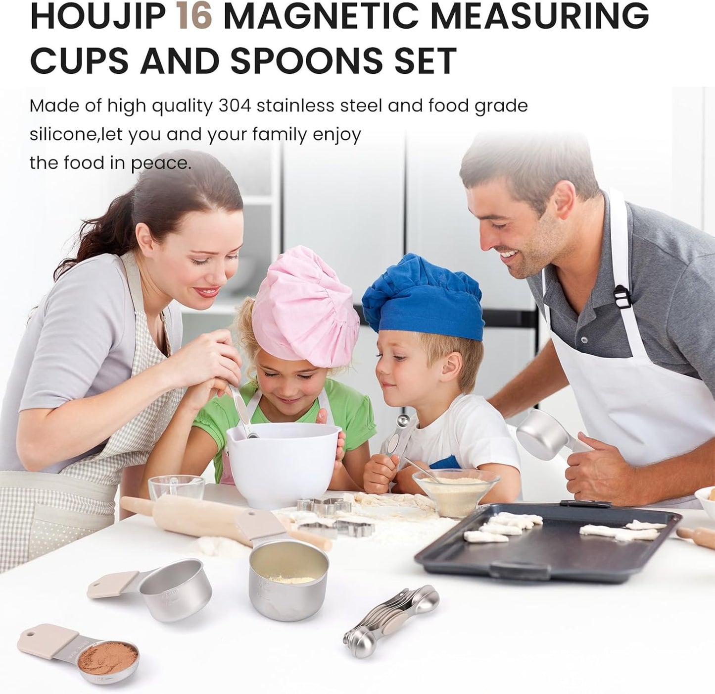 Magnetic Measuring Cups and Spoons Set-Heavy Duty 304 Stainless Steel,Double Measurement Markings,Set of 16 with Leveler for Measure Dry and Liquid Ingredients (khaki)