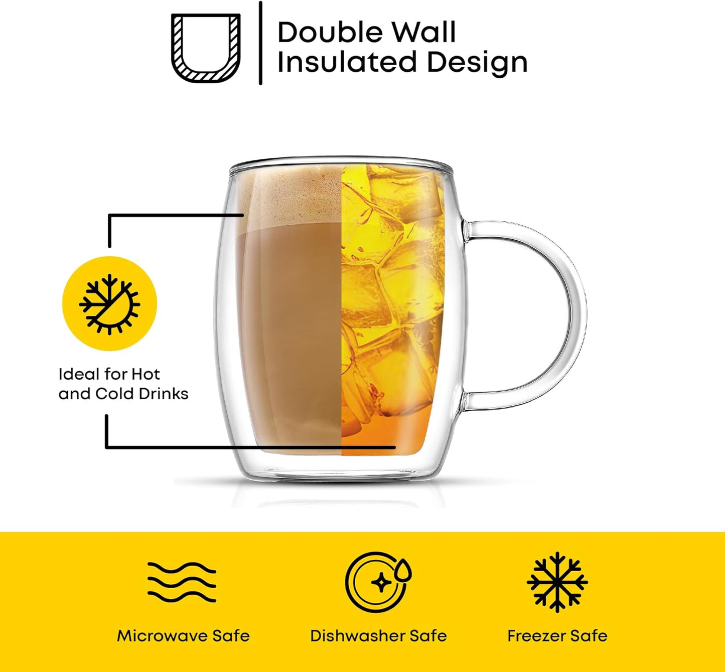 JoyJolt Double Wall Glasses 13.5-Ounce Insulated Mugs Double Walled Glass Cups For Coffee Tea Set of 2