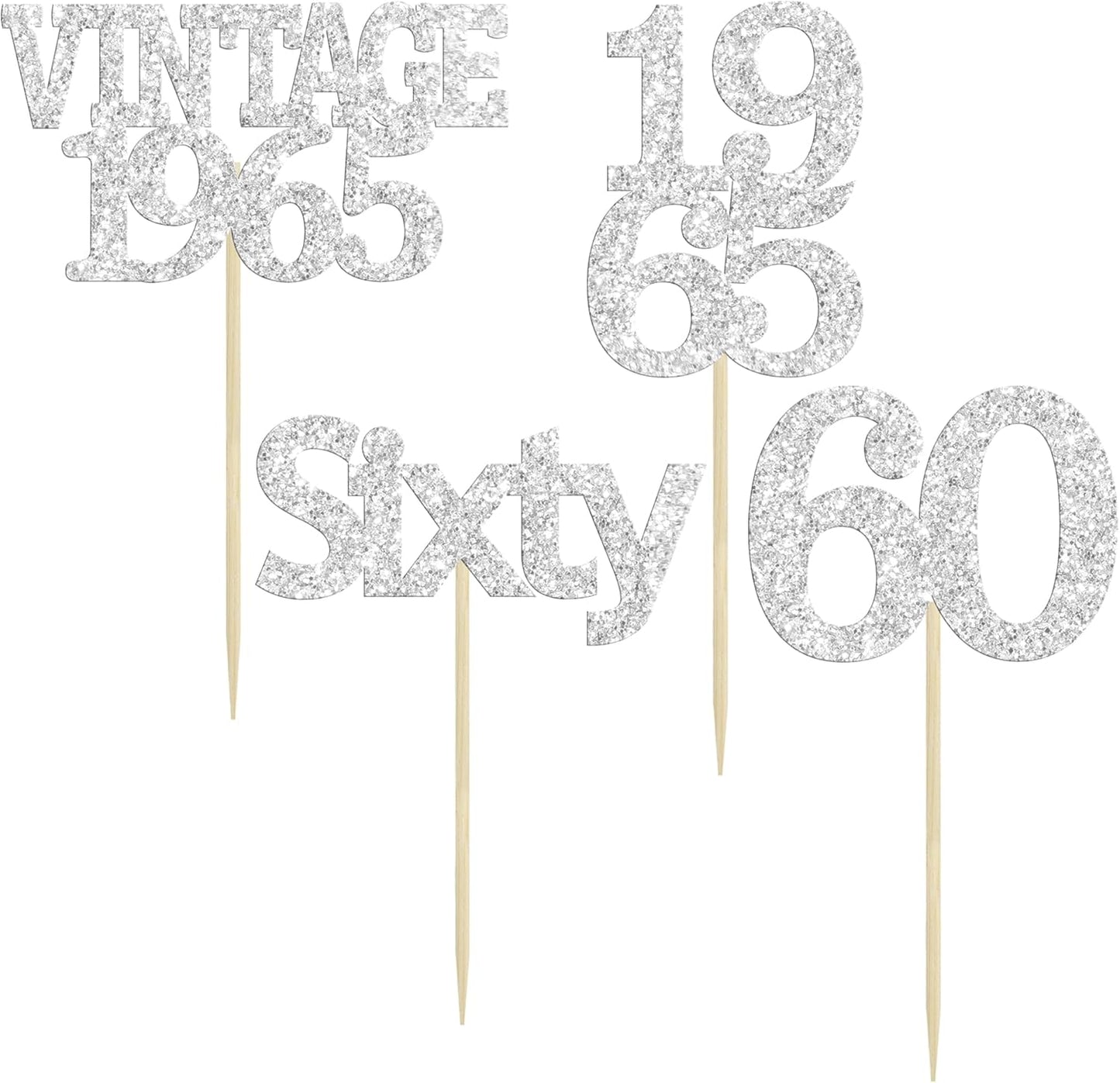 Gyufise 24Pcs 60th Birthday Cupcake Toppers Cheers to 60 Fabulous Sixty Cupcake Picks Vintage 1965 Decorations for 60th Birthday Wedding Anniversary Party Cake Decorations Supplies Silver