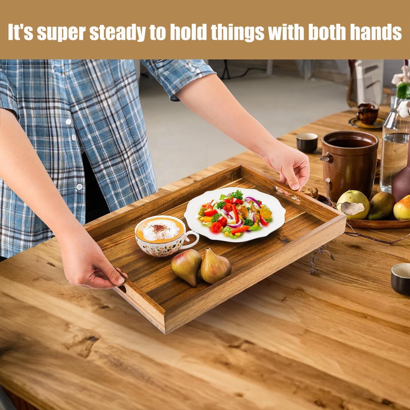 Acacia Wood Serving Tray with Handles - 17-Inch Large Wooden Tray for Ottoman - Perfect for Breakfast, Lunch, Dinner, Appetizers, Patio, Ottoman, Coffee Table,BBQ, Party – Great for Lap &Couch 