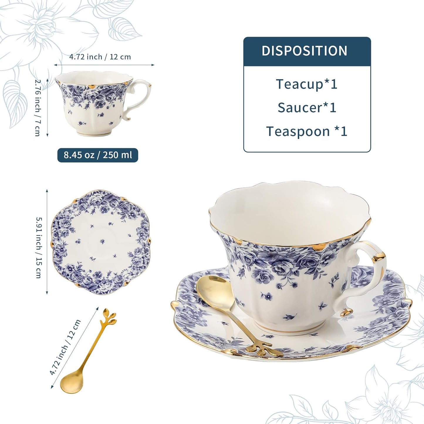 TATSUMI Country Roses Bone China Tea Cup and Saucer Set, 3 Pieces, Vintage Style, For Women and Tea Parties(sky blue,1 set)