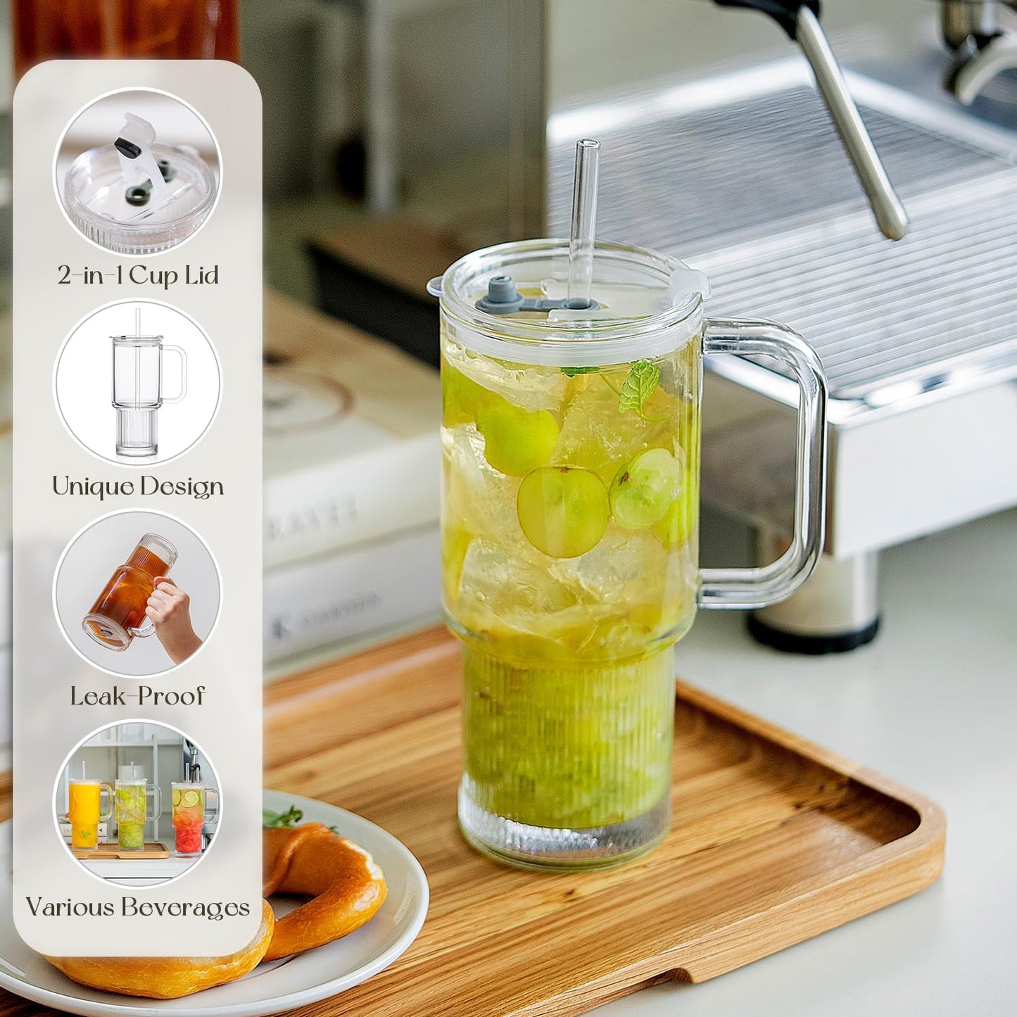 KEMORELA 2-Pack 26oz Ribbed Glass Tumblers with Handle and Lid – Large Aesthetic Iced Coffee Cups with Straws, Modern Textured Glass Mugs for Smoothies, Tea, Juice & Cold Beverages, Dishwasher Safe