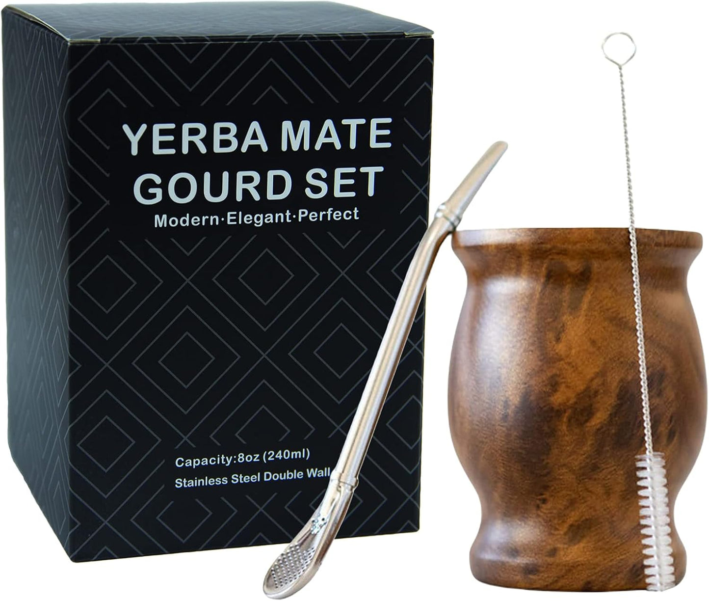 LA FEE Yerba Mate Natural Gourd/Tea Cup Set Brown (Original Traditional Mate Cup - 8 Ounces),Includes Yerba Mate Straw & Cleaning Brush,Stainless Steel | Double-Walled | Easy to Clean (Brown)