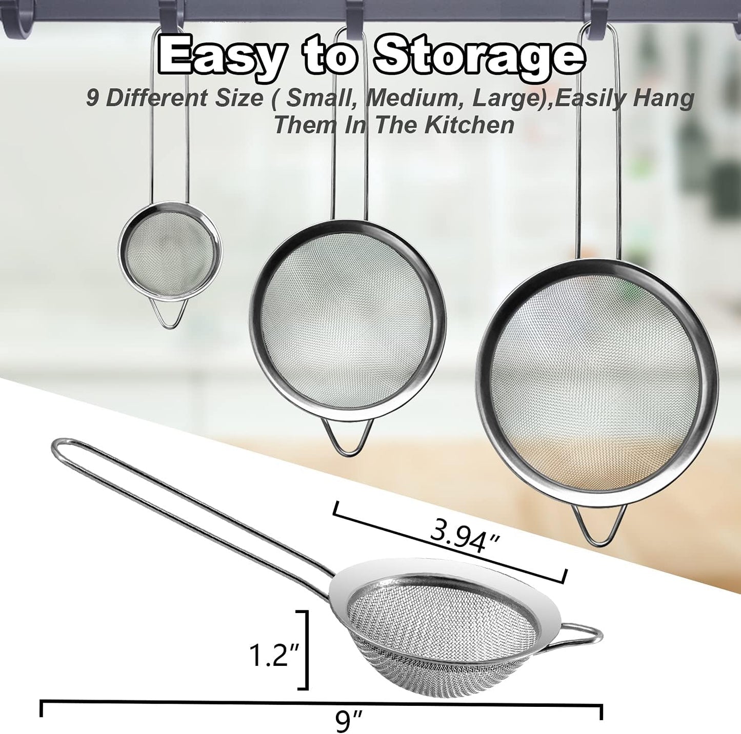 Anaeat Fine Mesh Strainers - Premium Stainless Steel Colander Sieve Sifters, with Durable Mesh and Sturdy Handle, Excellent for Sifting Dry ingredients, Flour, Pastas, Rice, Tea (3.94")