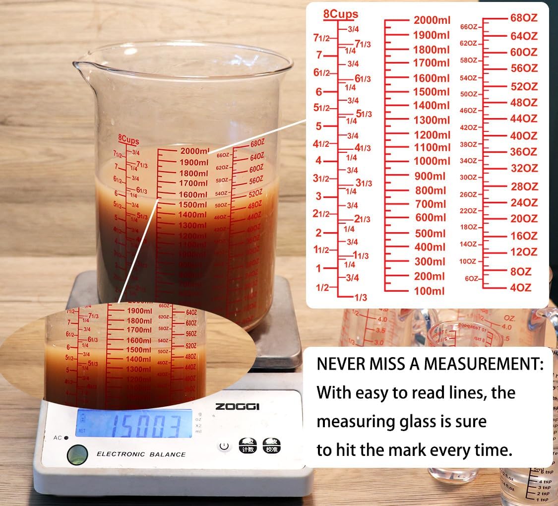 High Borosilicate Glass Measuring Cup-V-Shaped Spout,Glass Measuring Beaker for Kitchen or Restaurant, Easy to Read, 2000 ML (64 Oz, 8Cup)