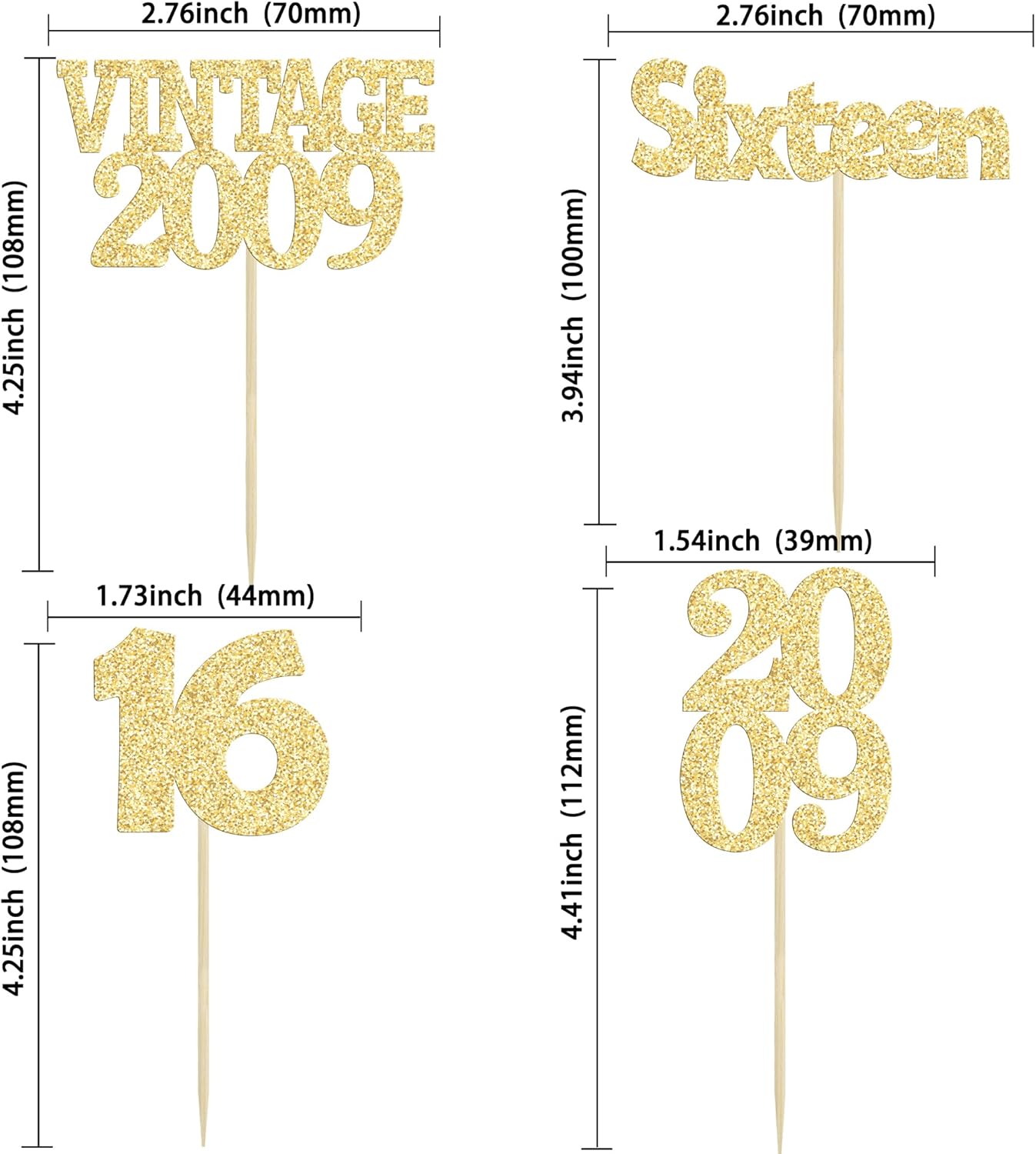 Gyufise 24Pcs Sweet 16 Cupcake Toppers Glitter Sixteen Vintage 2009 16th Birthday Cupcake Picks Hello 16 Years Birthday Cake Decorations for Happy 16th Anniversary Party Supplies Gold