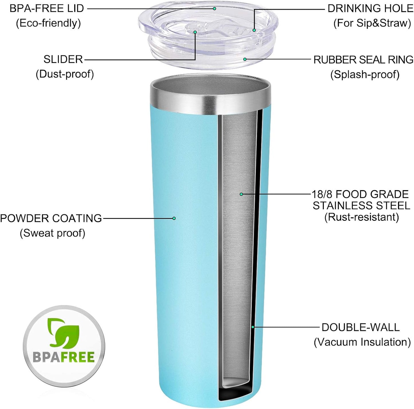 VEGOND Stainless Steel Tumblers Bulk 12 Pack, 20 oz Vacuum Insulated Skinny Tumblers with Lids and Straws, Double Wall Coffee Mug, Travel Water Cup, Blue