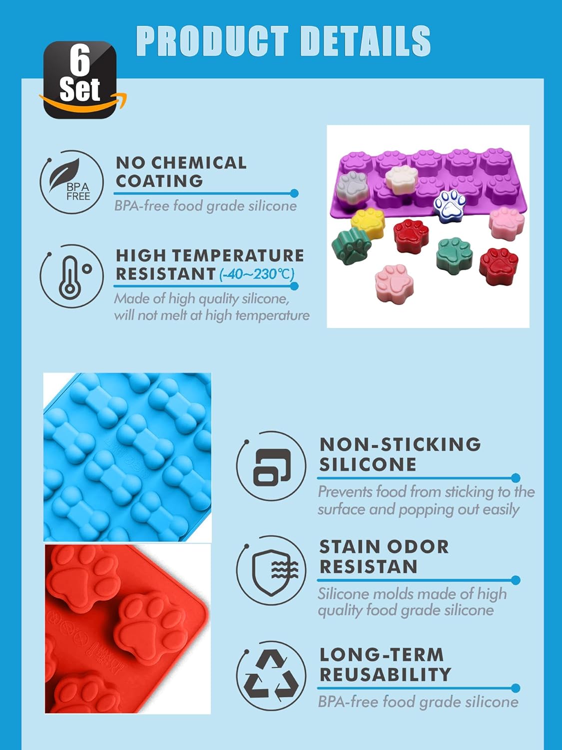 Dog Paw and Bone Molds,Non-Stick Food Grade Silicone Dog Treats Molds for Chocolate, Candy - Set of 6