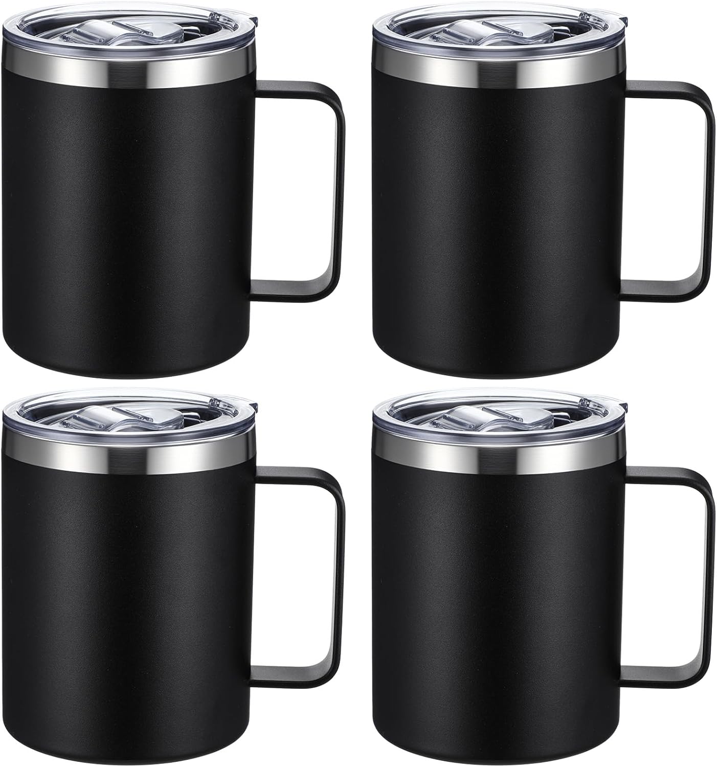 12 oz Insulated Coffee Mug Bulk with Handle, Stainless Steel Travel Coffee Mug with Lid, Double Wall Vacuum Metal Coffee Cup, Coffee Tumbler Powder Coated, Black 4 Pack