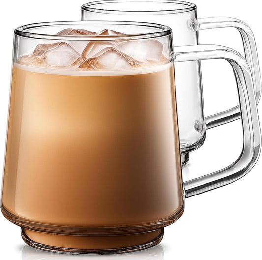 Aquach 20 Oz Glass Coffee Tea Cups, Clear Mugs with Handle, Microwave and Dishwasher safe Home Office Mug Perfect for Americano Latte Hot Beverages, 2-Pack