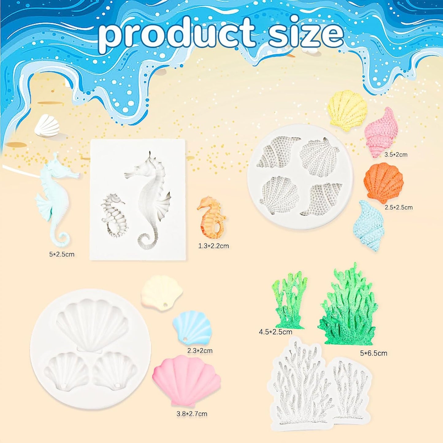 Ocean Chocolate Fondant Mold Set Food-Grade Silicone Baking Molds with Shell, Starfish, Seashell Beach Life Phrases, Reusable for Under the Sea Cakes, Cupcakes & Party Treats - 8 Pack