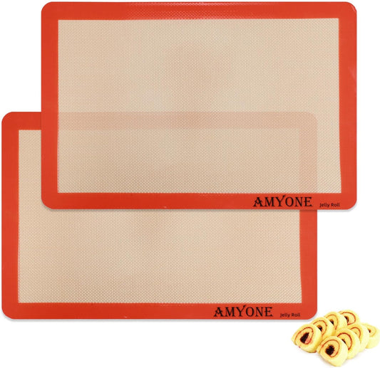 AMYONE Silicone Baking Mat for Jelly Roll Pan, Non-Stick Silicone Baking Sheet Liners Compatible with Nordic Ware Naturals Jelly Roll Pans, 2 Pcs Food Grade Baking Mats for 10 x 15-inch Swiss Roll Pan
