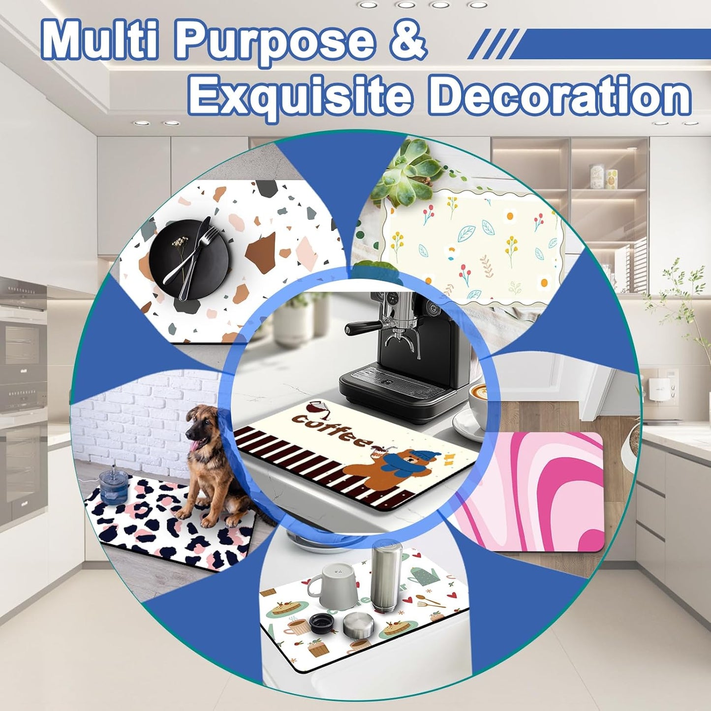 Coffee Bar Mat for Countertop, 17" X 28” Super Absorbent Dish Drying Mat, Large Kitchen Counter Mats Fits Under Coffee Maker, Non-slip Espresso Machine Pad, W Stars Freworks