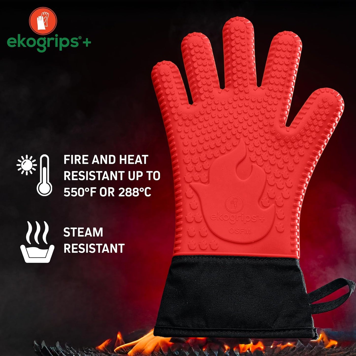 Ekogrips Plus Oven Gloves with Fingers, Comfy Waterproof Silicone Oven Mitts Heat Resistant with Long Cuff, Insulated BBQ Gloves Perfect for Grilling, Baking, Smoker, Canning, and Pizza, Red, OSFM
