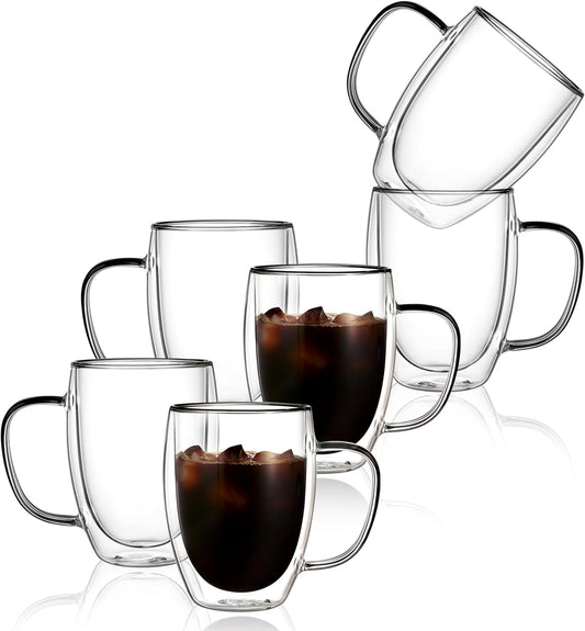 CNGLASS 6 Pack Double Walled Glass Coffee Mugs,12oz Clear Coffee Cups with Handle,Insulated Glass Espresso Mugs for Latte,Cappuccino,Tea