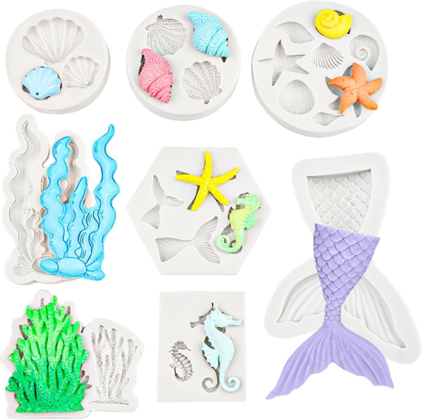 Ocean Chocolate Fondant Mold Set Food-Grade Silicone Baking Molds with Shell, Starfish, Seashell Beach Life Phrases, Reusable for Under the Sea Cakes, Cupcakes & Party Treats - 8 Pack