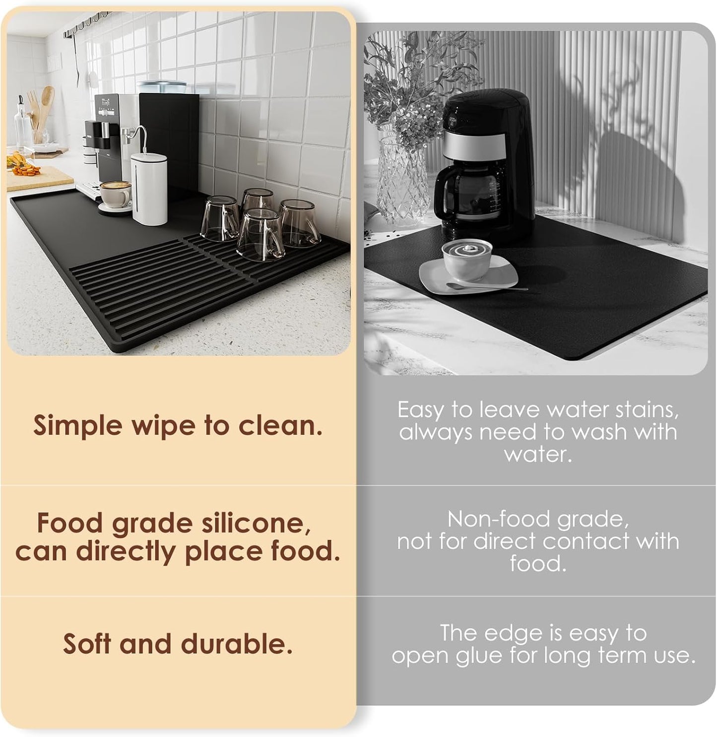 Silicone Coffee Mat with Raised Edges, 20'' X 12'', Bar Mat for Countertops, Fits Under Coffee Maker, Espresso Machine, Dish Drying Mat (BLACK)