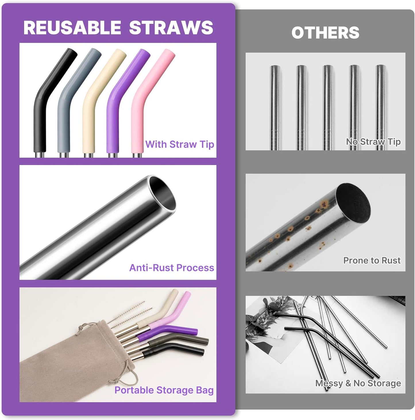 Stainless Steel Straw for 30 oz YETI and Simple Modern 24 oz Tumbler, Metal Straws Reusable With Silicone Tip for 32oz Glass, Cleaning Brush, 1 Portable Bag