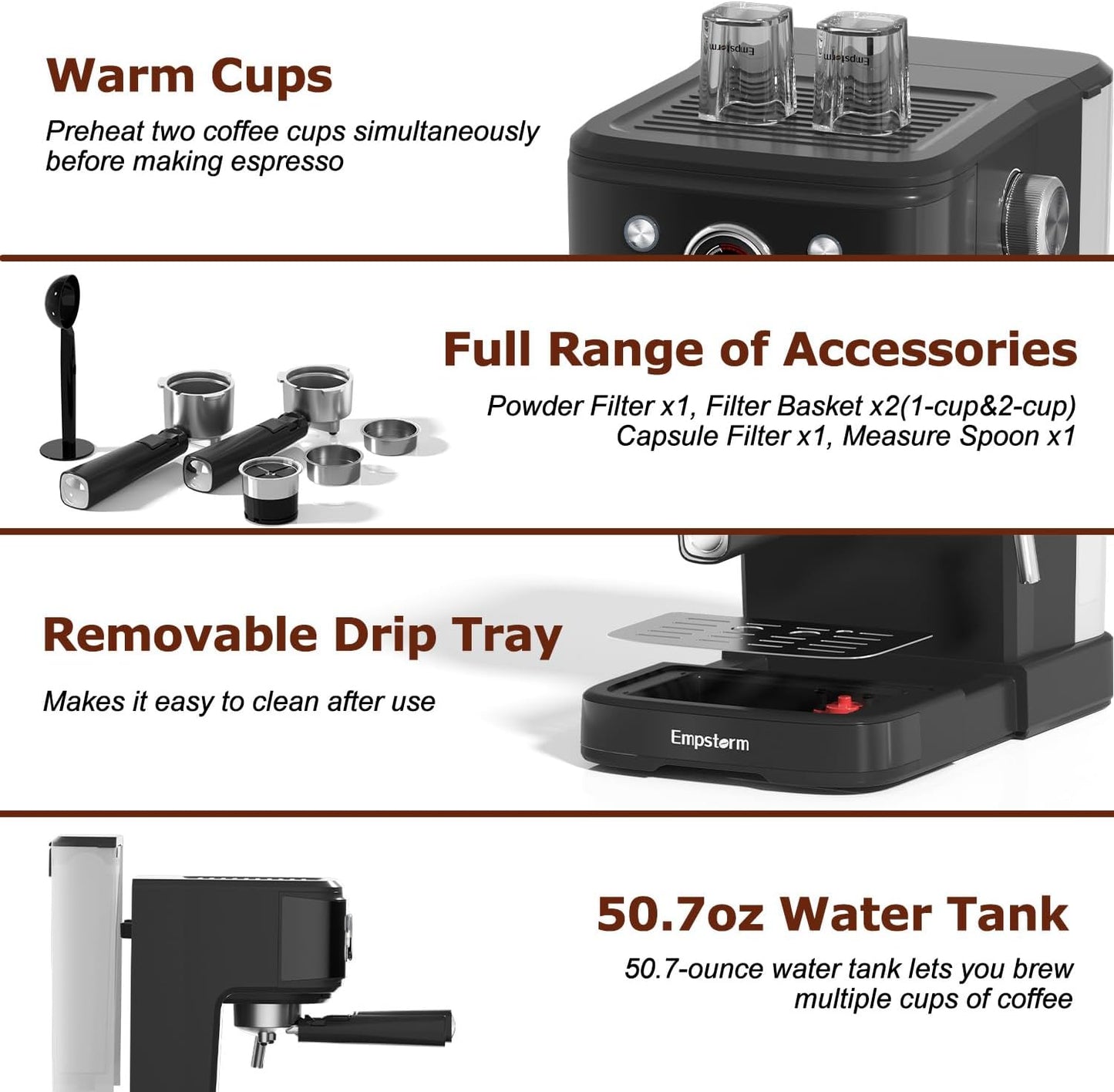 2in1 20 Bar Espresso Machine with Milk Frother, Coffee Latte Cappuccino Maker for Home, Coffee Machine Suitable for Coffee Powder/Capsules, Espresso Machines with Thermometer