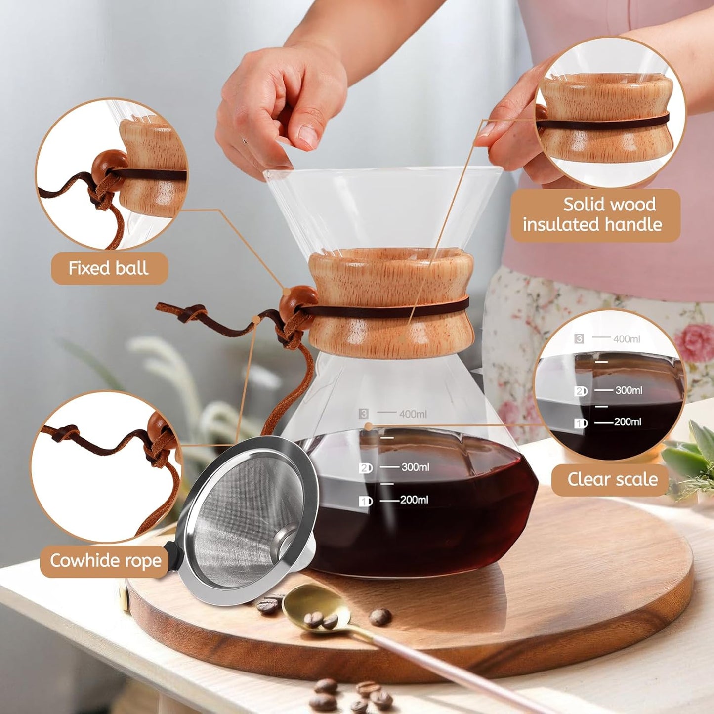 Pour Over Coffee Maker 400ml with 304 Stainless Steel Filter and Wooden Collar Holder Borosilicate Glass Drip Coffeemaker Server Set Clear Hand Brew Dripper Carafe for Home Camping Travel 13.5oz