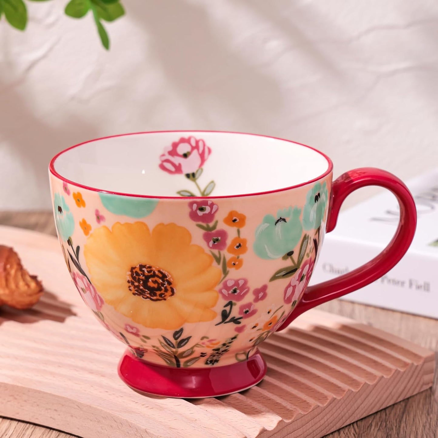 Vintage Flower Mugs β Large Ceramic Coffee Mug (15oz) β Cute Cereal Cup for Breakfast, Oatmeal Tea & Hot Drinks β Handmade Ceramic Cup with Floral Design