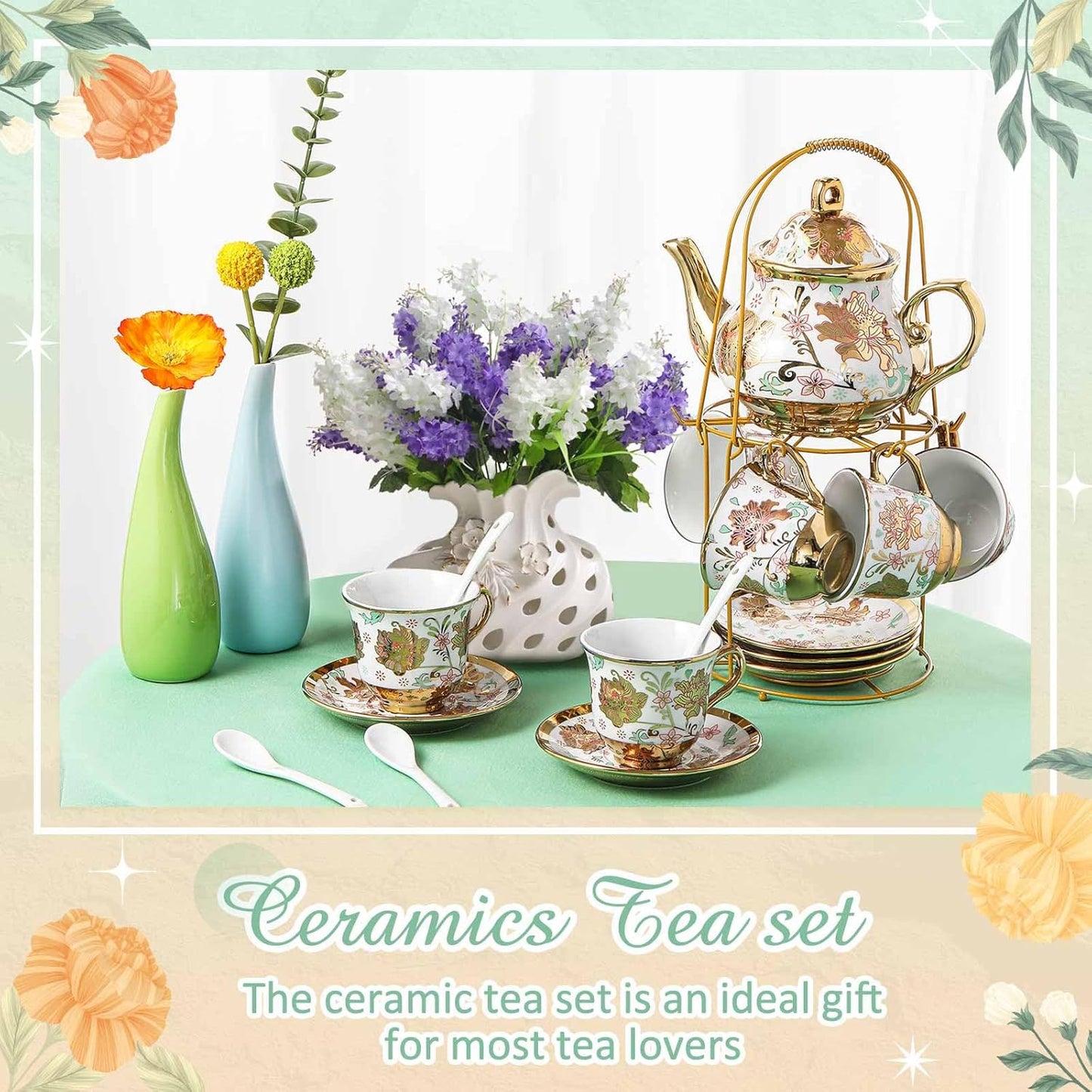 Zhehao 20 Pcs Porcelain Tea Set with Metal Holder and Spoon Adult Ceramic Tea Party Set European Flower Painting Teapot Cup Saucer Spoon Set for Women, Large Version(Elegant Style)