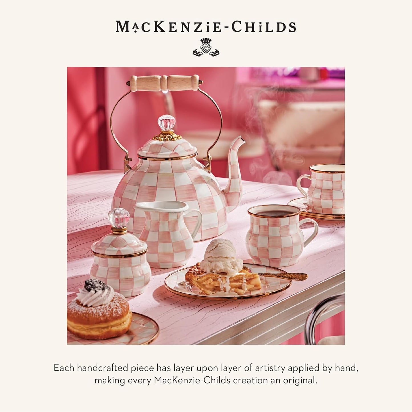 MACKENZIE-CHILDS Enamel Pie Plate, Ovenproof Pie Pan for Cooking and Serving, Pink-and-White Rosy Check