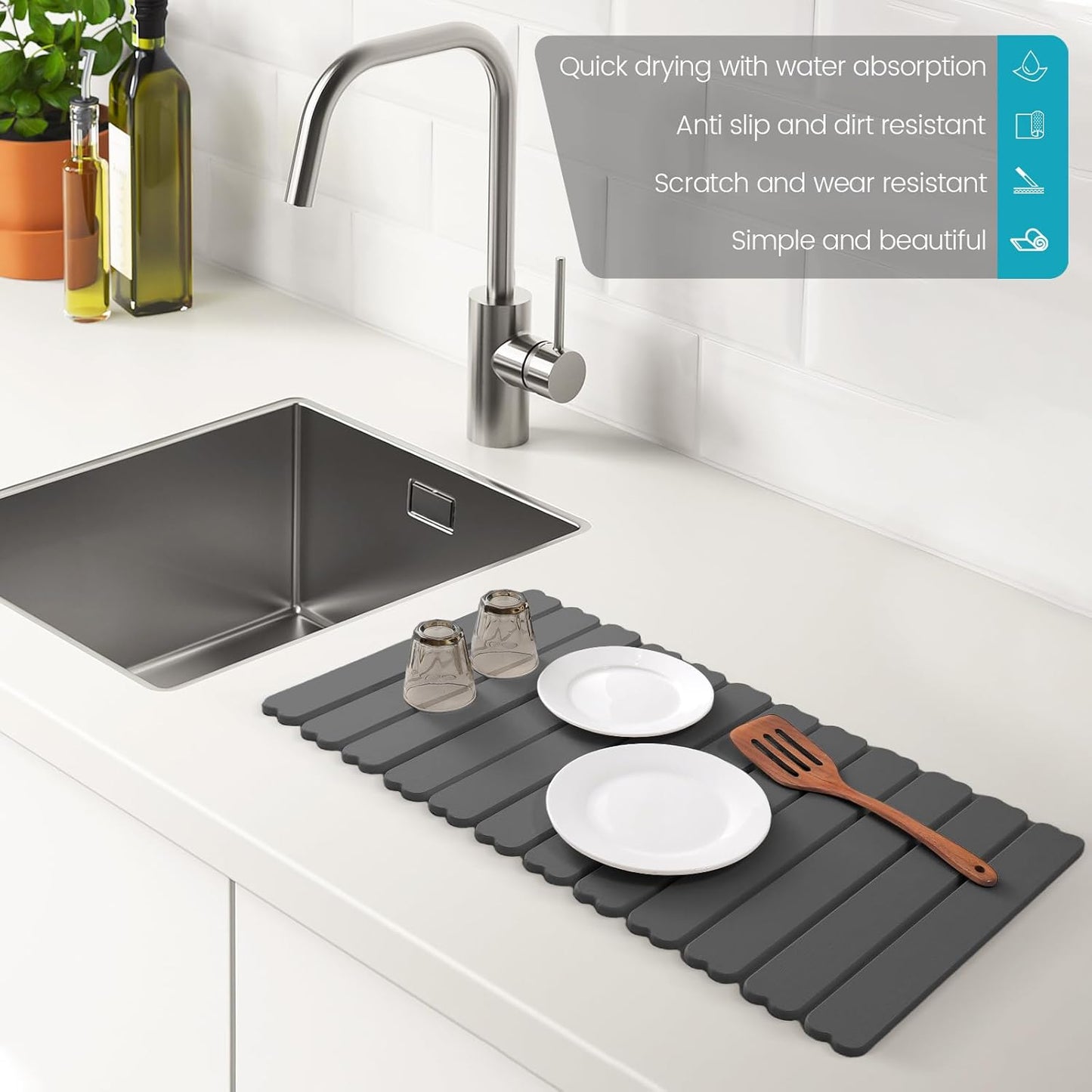 Extral Large Quick Dry Stone Drying Mat for Kitchen Counter,28x16 Inch Collapsible Eco-Friendly Absorbent Diatomaceous Earth Mat for Dishes Cups,Dish Drying Mats (Dark grey-Love shape, 28x16 inch)