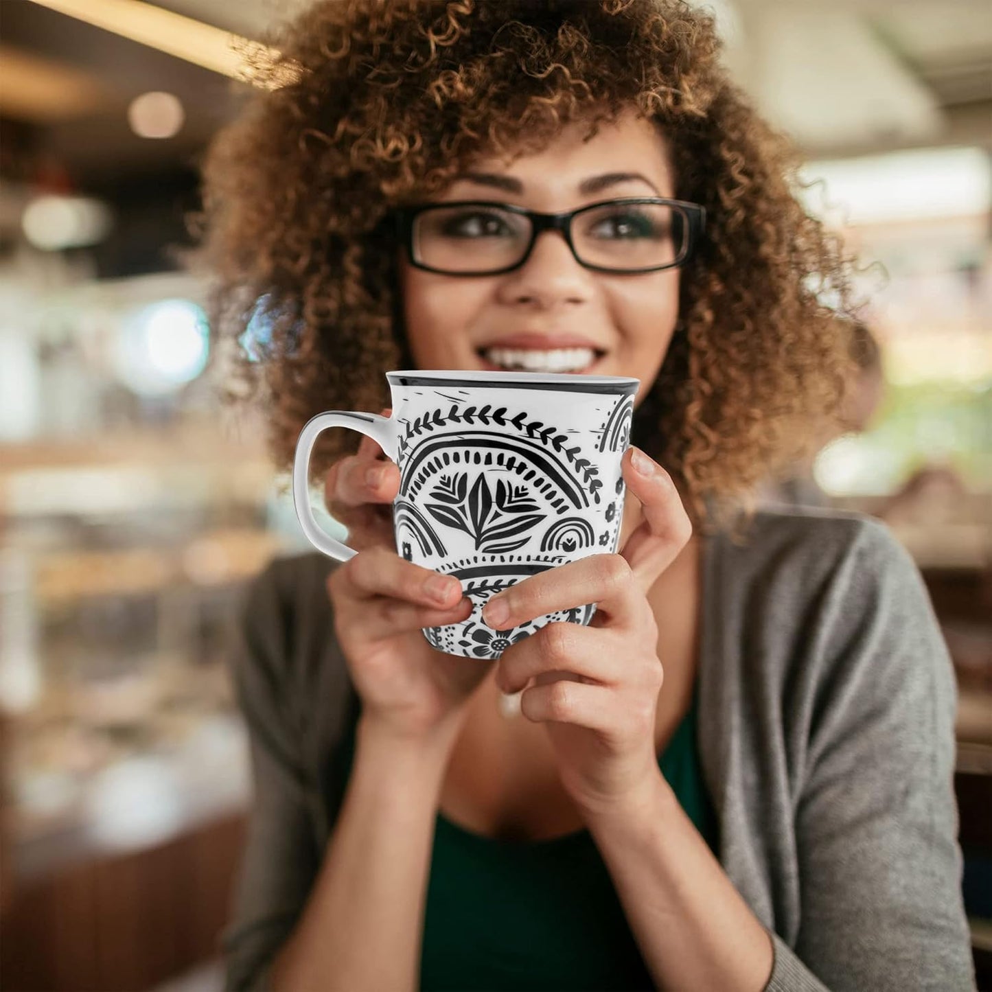 Karma Gifts 16 oz Black and White Boho Mug Rainbow - Cute Coffee and Tea Mug - Ceramic Coffee Mugs for Women and Men, 4.25" x 3.7"