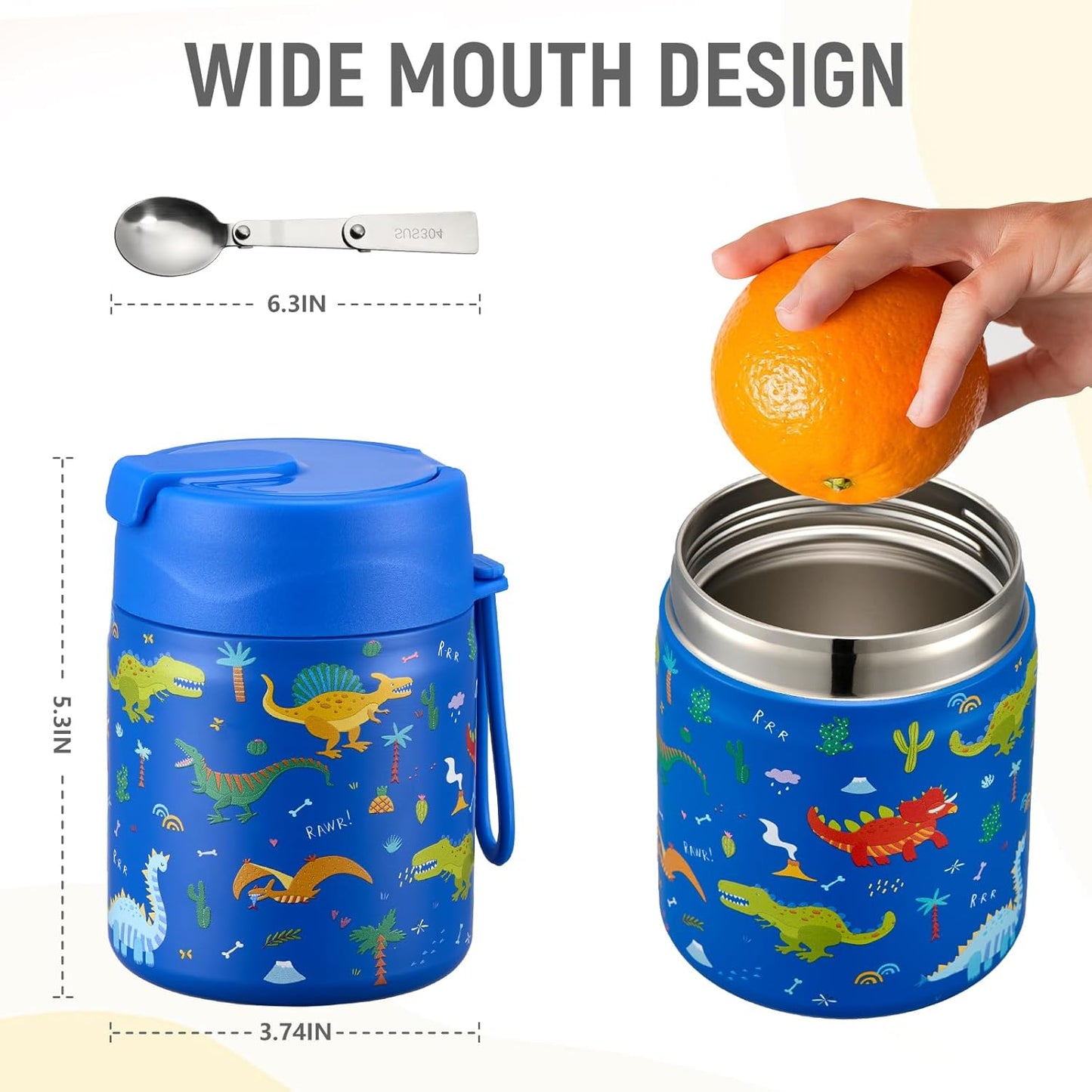 17oz Soup Thermo for Hot Food Kids Insulated Vacuum Food Jar with Stainless Steel Spoon Wide Mouth Thermo Leakproof Lunch Food Container Kids Hot Lunch Box (Blue-Dinasour)