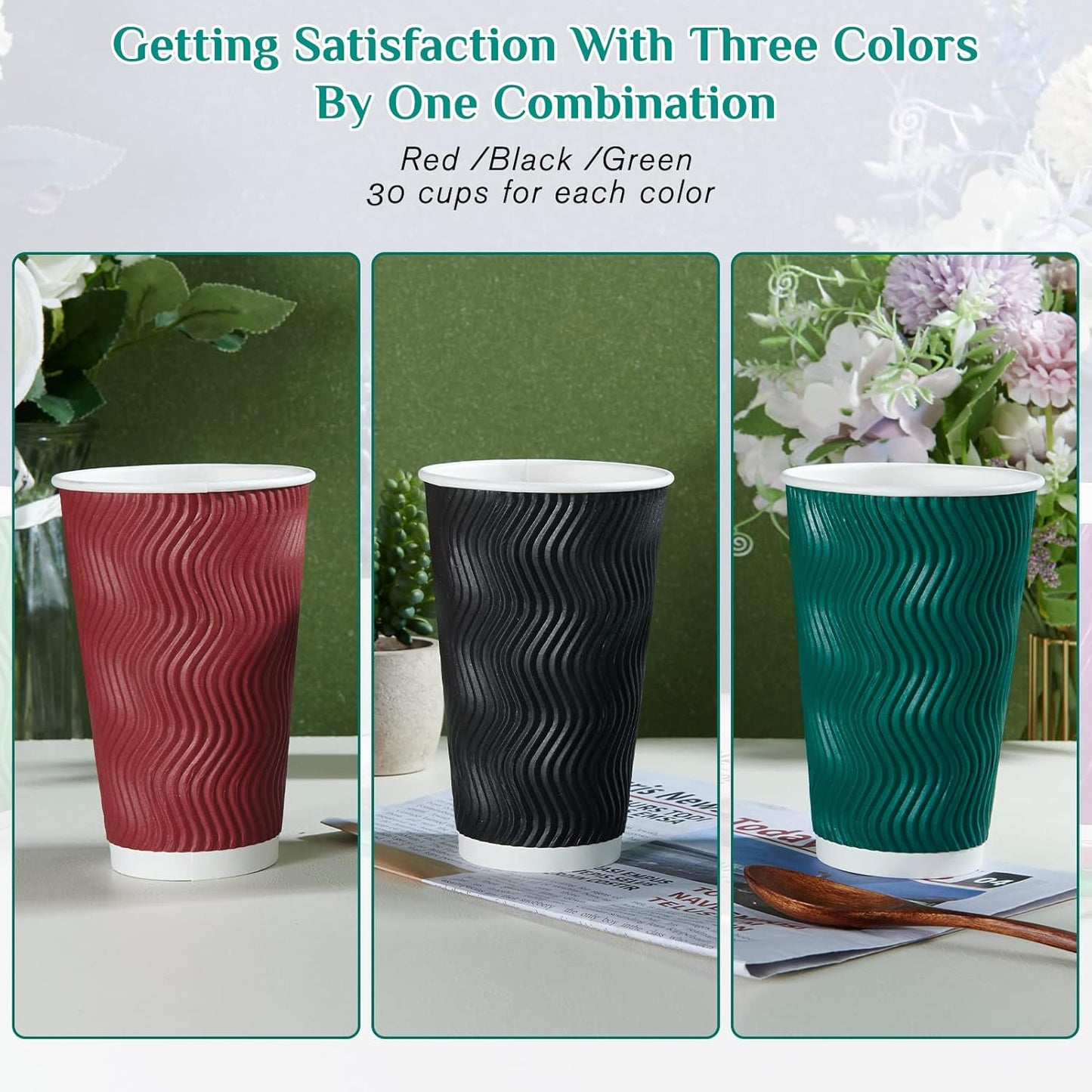 MUCHII 16 oz Paper Coffee Cups, 90 Count Multicolor Disposable Insulated Ripple Paper Cups for Hot Chocolate and Tea