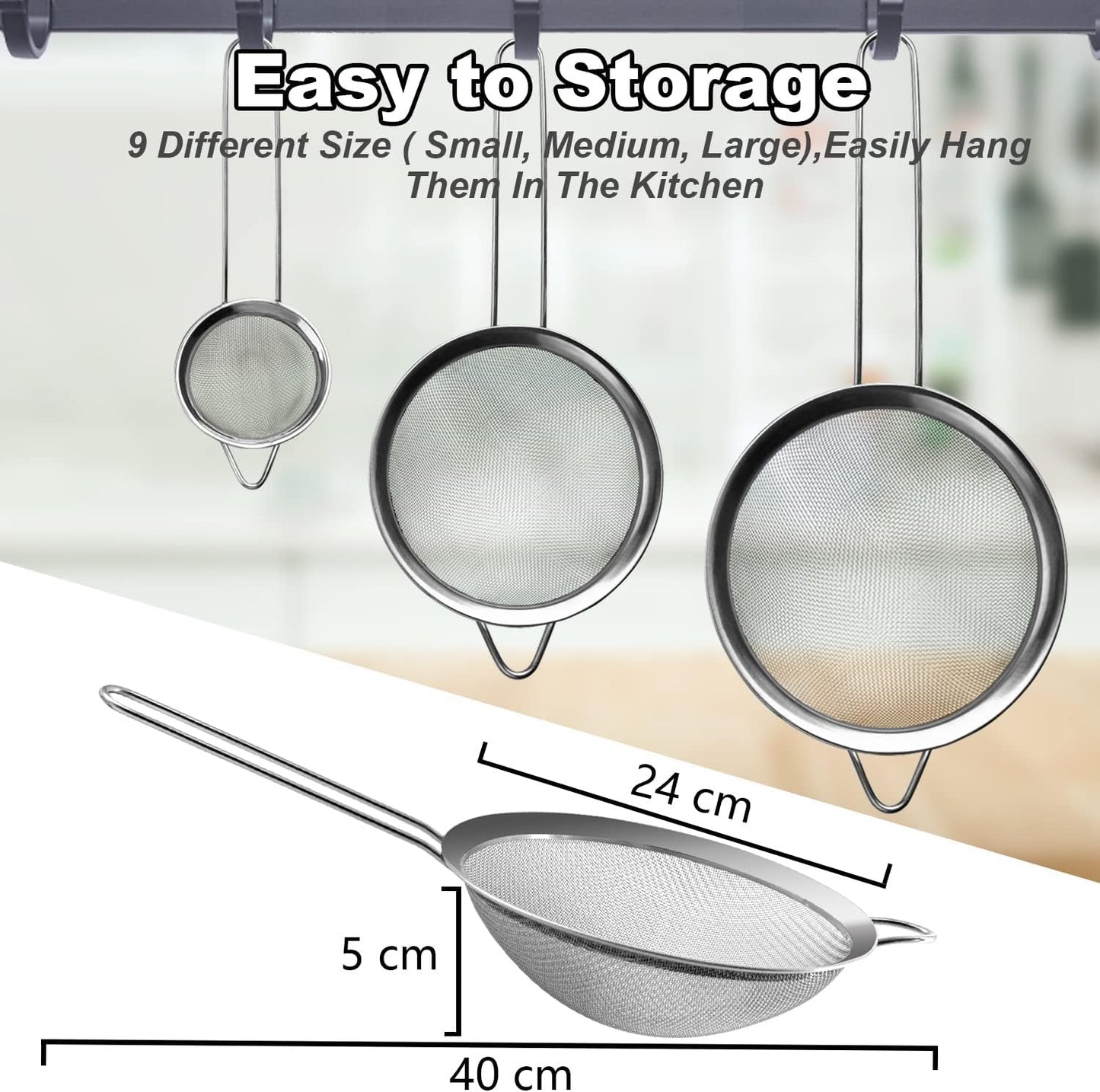 Anaeat Fine Mesh Strainers - Premium Stainless Steel Colander Sieve Sifters, with Durable Mesh and Sturdy Handle, Excellent for Sifting Dry ingredients, Flour, Pastas, Rice, Tea (9.45")