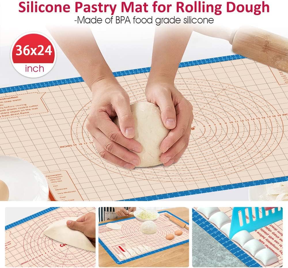 Silicone Pastry Mat 36 x 24 Inch - Larger Silicone Baking Pastry Mat for Rolling Dough,Non Slip Silicon Dough Sheet with Measurement,Perfect for Making Pie,Pizza,Blue