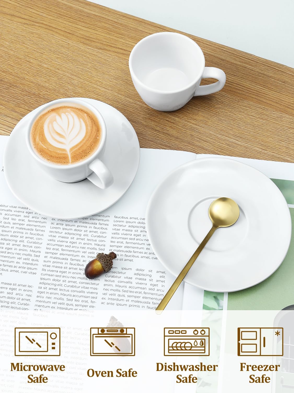 Yedio 4 oz Espresso Cups with Saucers and Metal Stand, Spoons, Porcelain Stackable Coffee Cups, Demitasse Cups, Perfect for Single or Double Espresso, Cappuccino, Latte and Tea - Set of 6, White