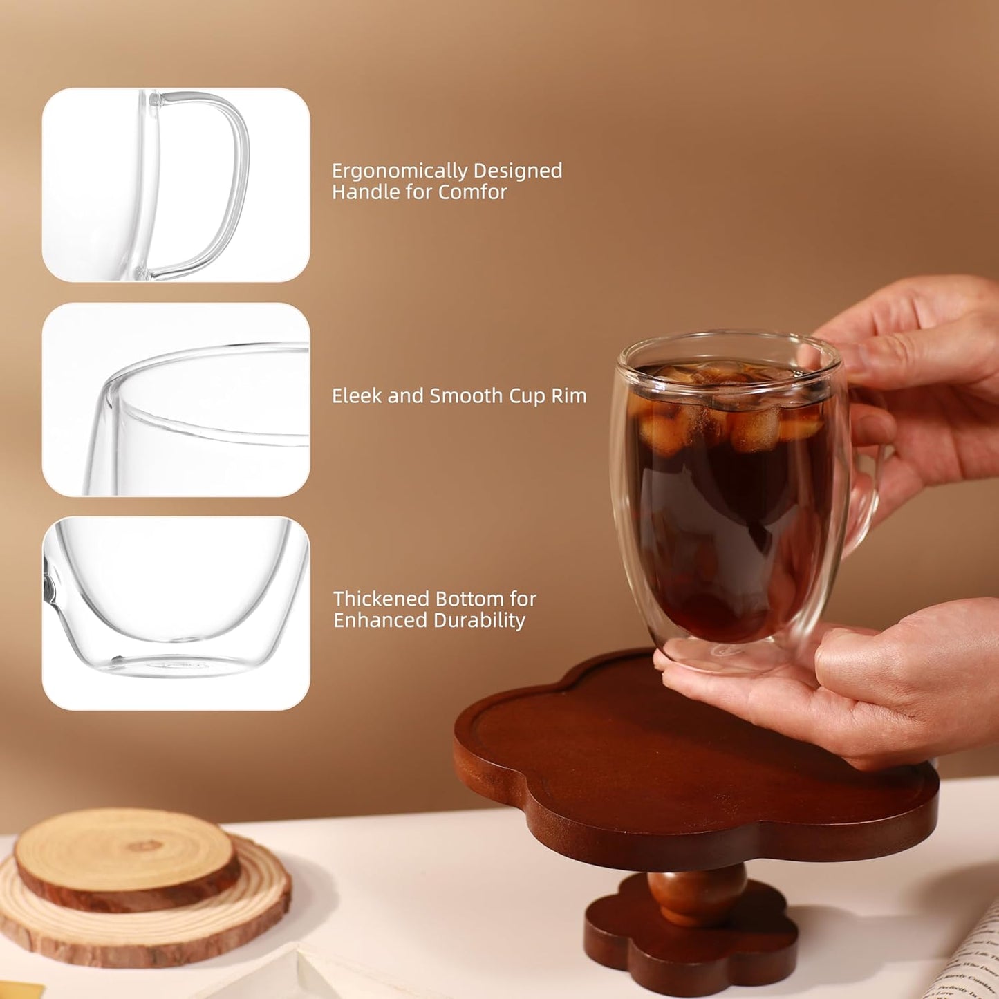 CNGLASS 6 Pack Double Walled Glass Coffee Mugs,12oz Clear Coffee Cups with Handle,Insulated Glass Espresso Mugs for Latte,Cappuccino,Tea