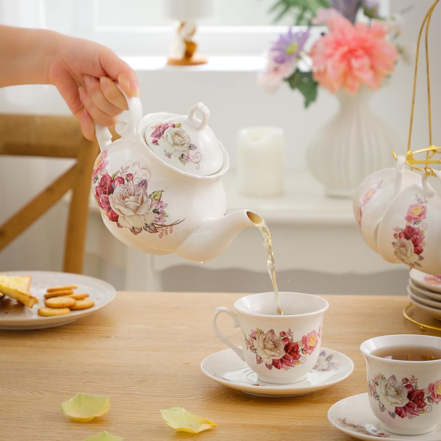 20-Pieces Porcelain Bone china Tea Sets,Gold Rim Coffee Set with Golden Metal Rack,Tea Gift Sets for Home&Party(003)