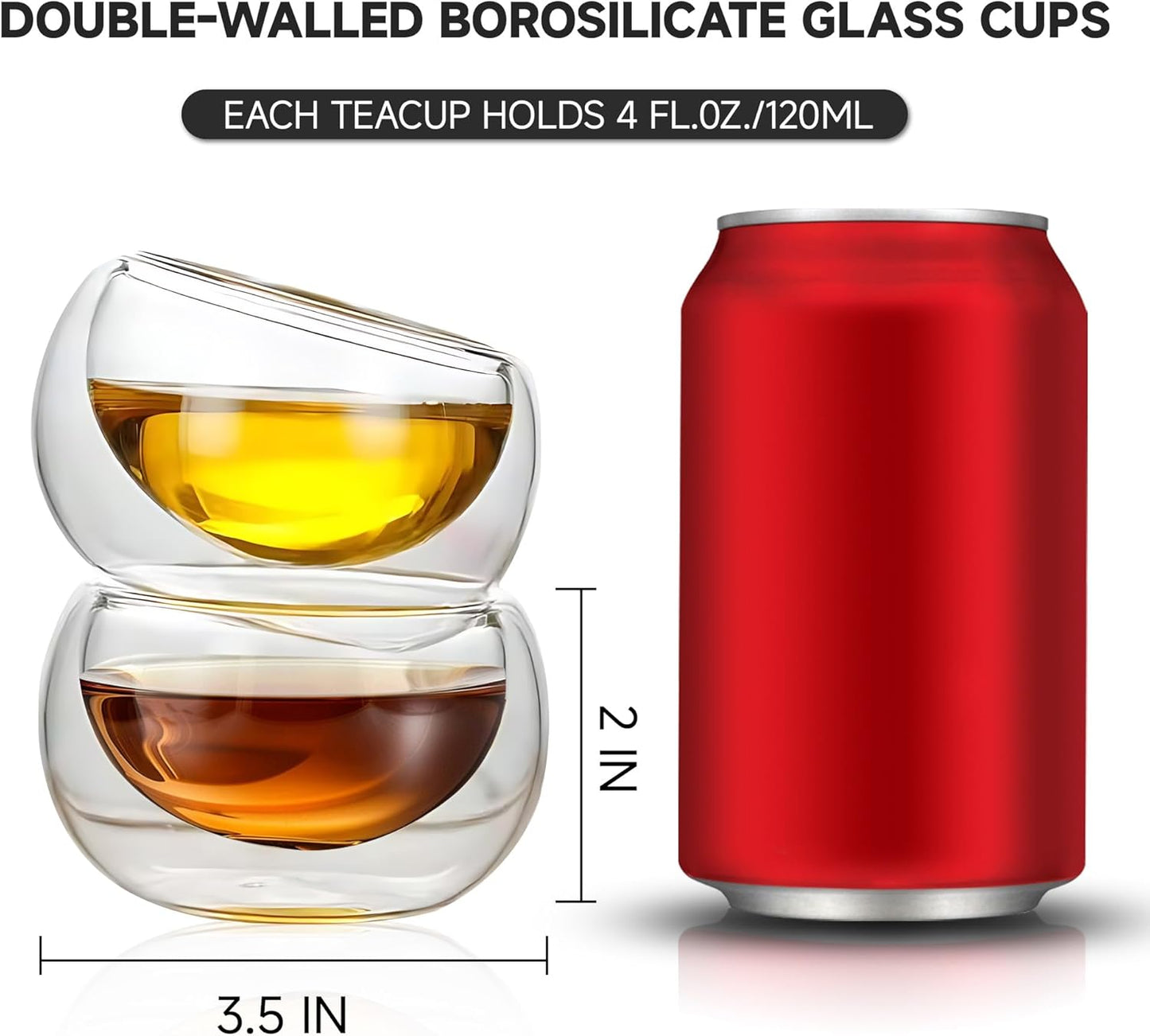 4 Pack Double Walled Glass Teacups Insulated Glasses - (4oz / 120ml) Heatproof Borosilicate Tea Cup, Mini Espresso Cups Gift Box