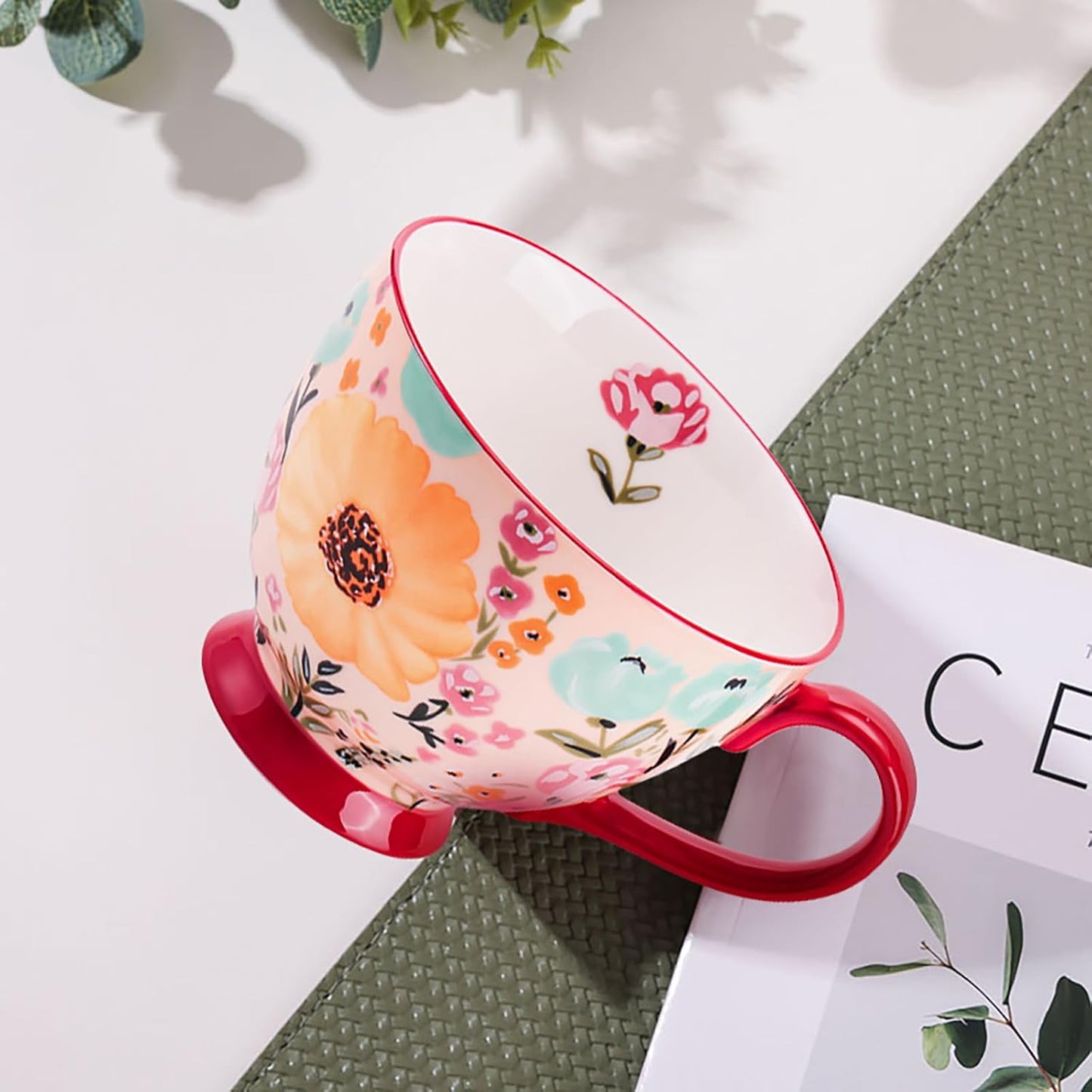 Vintage Flower Mugs β Large Ceramic Coffee Mug (15oz) β Cute Cereal Cup for Breakfast, Oatmeal Tea & Hot Drinks β Handmade Ceramic Cup with Floral Design