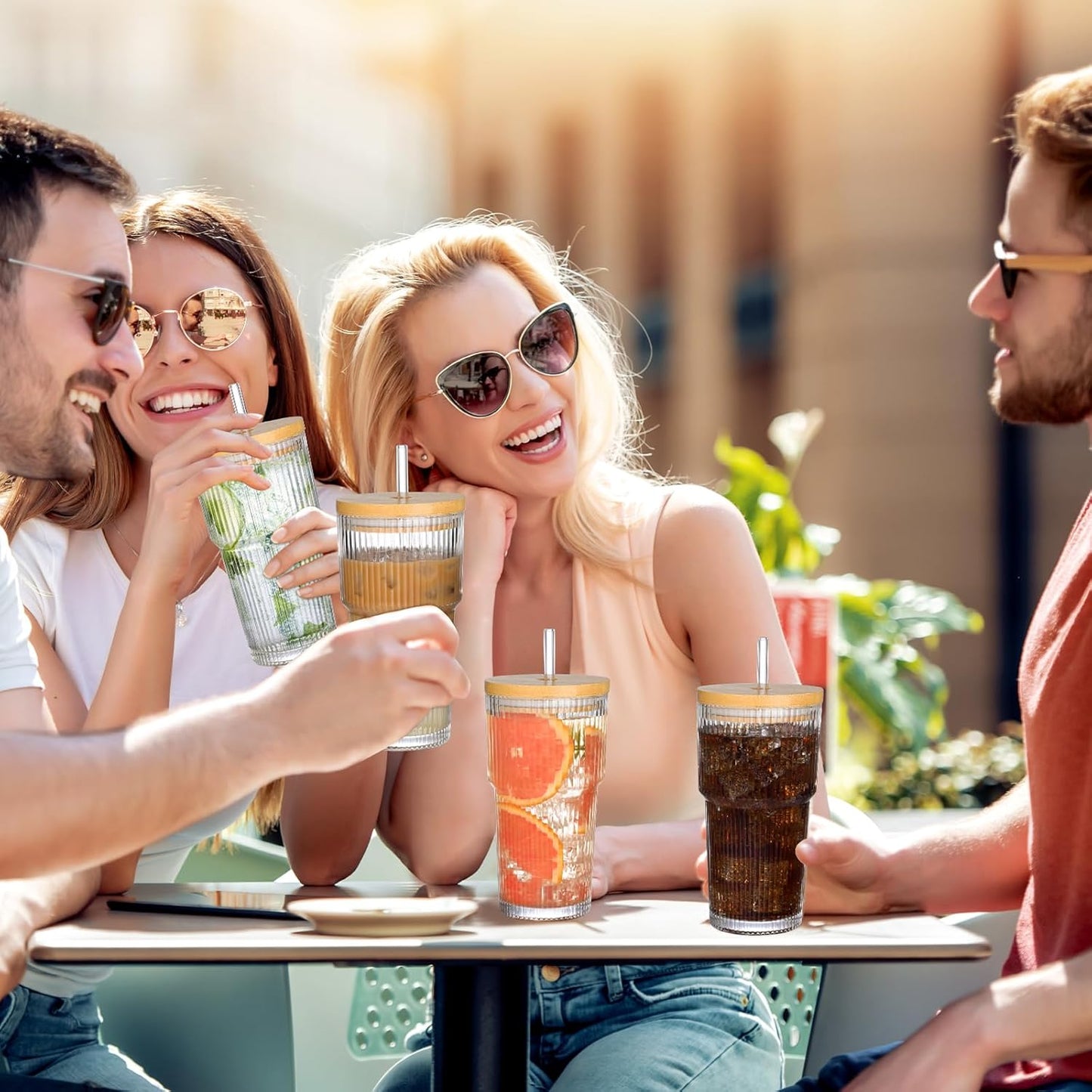 20oz Glass Cups with Lids and Straws,4PCS Ribbed Glass Coffee Cups,Iced Coffee Cups with Lid,Vintage Bamboo Tumbler for Juice,Smoothies