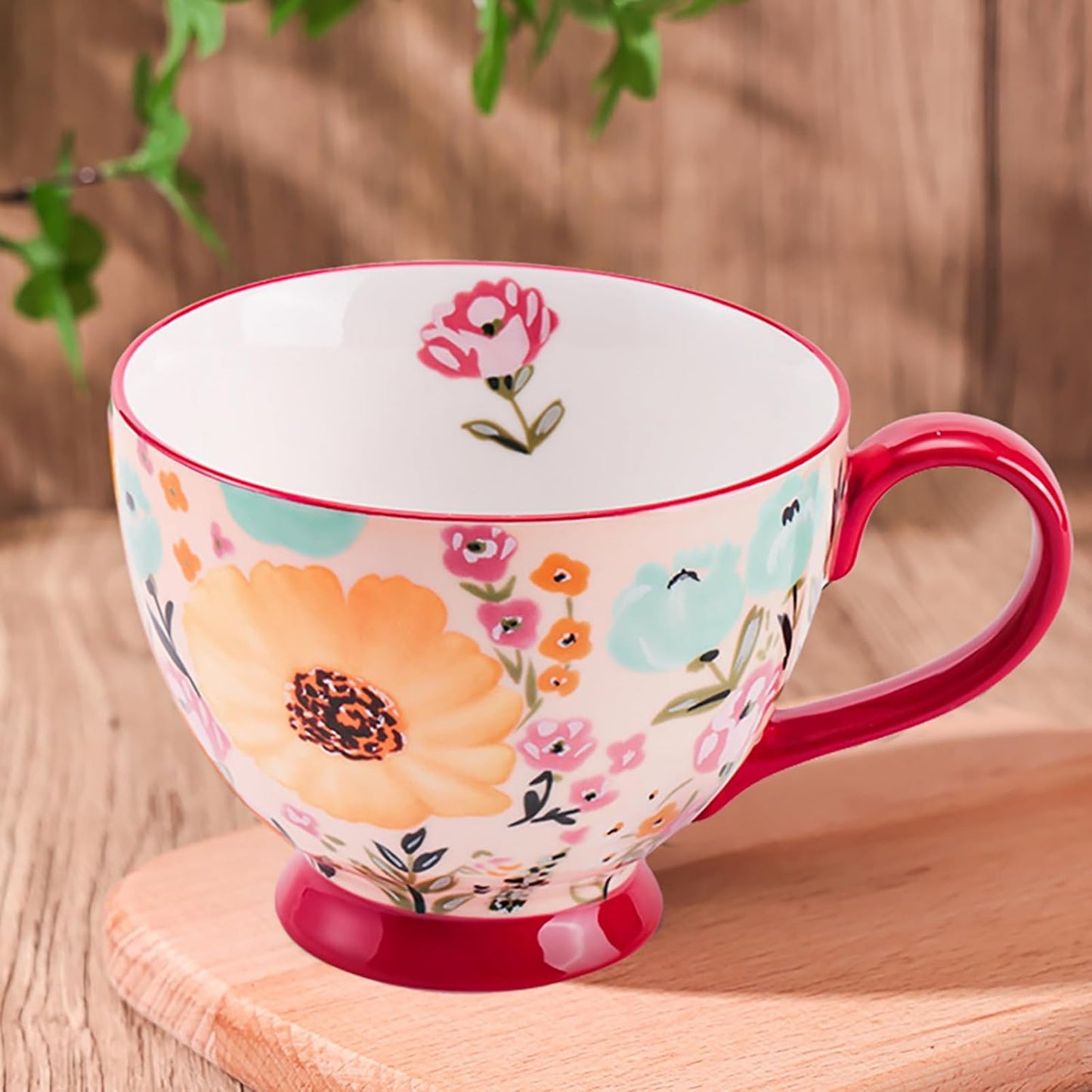 Vintage Flower Mugs β Large Ceramic Coffee Mug (15oz) β Cute Cereal Cup for Breakfast, Oatmeal Tea & Hot Drinks β Handmade Ceramic Cup with Floral Design