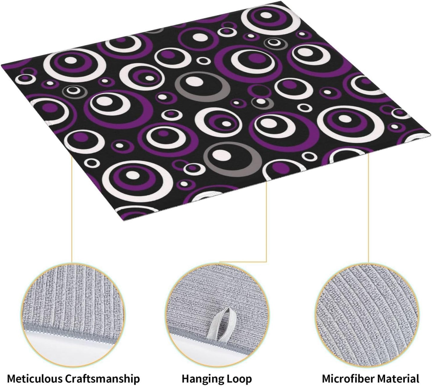Purple White and Black Circle Pattern Dish Drying Mat, Absorbent Microfiber Decorative Kitchen Counter Mat, 16x18 inch Polyester, Absorption, Foldable, for Dishes Utensils Small Appliances, Home Decor